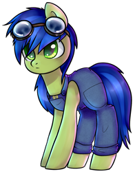 Size: 1087x1384 | Tagged: safe, artist:astralblues, artist:starrcoma, imported from derpibooru, oc, oc only, oc:scotch tape, earth pony, pony, fallout equestria, fallout equestria: project horizons, female, goggles, mare, overalls, simple background, solo, white background