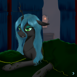 Size: 1000x1000 | Tagged: safe, artist:ruanshi, imported from derpibooru, queen chrysalis, changeling, changeling queen, bed, bedroom eyes, female, morning, morning ponies, solo