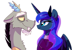 Size: 2480x1677 | Tagged: safe, artist:elementalokami, imported from derpibooru, discord, princess luna, crown, eyeshadow, female, jewelry, lidded eyes, looking at each other, lunacord, makeup, male, regalia, shipping, simple background, smiling, straight, transparent background