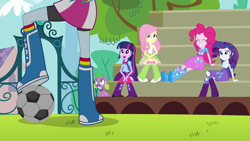 Size: 1920x1080 | Tagged: safe, imported from derpibooru, screencap, fluttershy, pinkie pie, rainbow dash, rarity, spike, twilight sparkle, dog, equestria girls, equestria girls (movie), balloon, bleachers, boots, bracelet, clothes, football, high heel boots, jewelry, mountain, shorts, smiling, soccer field, socks, spike the dog, tree