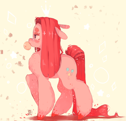 Size: 4664x4488 | Tagged: safe, artist:tamyarts, imported from derpibooru, pinkie pie, pony, abstract background, absurd resolution, bandaid, bubblegum, female, floppy ears, food, gum, pinkamena diane pie, solo