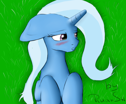 Size: 6000x5000 | Tagged: safe, artist:ruanshi, imported from derpibooru, trixie, pony, unicorn, absurd resolution, blushing, female, floppy ears, grass, lidded eyes, on back, open mouth, solo