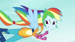 Size: 1920x1080 | Tagged: safe, imported from derpibooru, screencap, rainbow dash, equestria girls, friendship games, boots, clothes, female, flying, gloves, motocross outfit, motorcross, motorcross outfit, ponied up, shoes, solo, wings