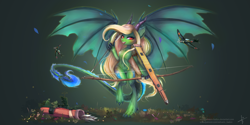 Size: 3464x1732 | Tagged: safe, artist:wilvarin-liadon, imported from derpibooru, oc, oc only, oc:honeymint tea, dracony, hybrid, pony, a6m zero, aircraft carrier, bipedal, commission, crossbow, female, flutterkaku, kantai collection, large wings, looking at you, mare, open mouth, plane, shipmare, smiling, spread wings, wings