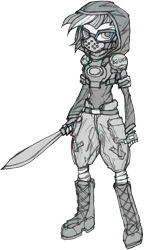 Size: 1695x2942 | Tagged: safe, artist:great-5, imported from derpibooru, sci-twi, twilight sparkle, equestria girls, clothes, female, gangsta, grayscale, hoodie, insurgent sparkle, machete, monochrome, simple background, solo, transparent background, weapon, wip