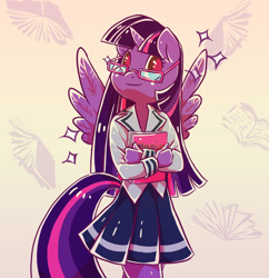 Size: 600x621 | Tagged: safe, artist:jellopopsicle, imported from derpibooru, twilight sparkle, alicorn, anthro, book, clothes, female, glasses, school uniform, solo, spread wings, twilight sparkle (alicorn)