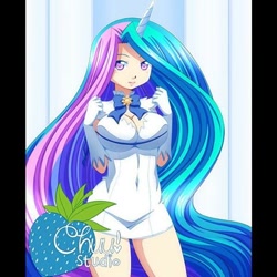 Size: 480x480 | Tagged: safe, artist:xenokurisu, imported from derpibooru, princess celestia, human, alternate hairstyle, clothes, cosplay, costume, danmachi, female, hestia's boob ribbon, horned humanization, humanized, long hair, meme, solo, vacuum sealed clothing