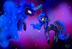Size: 1280x871 | Tagged: safe, artist:allforyouart, imported from derpibooru, nightmare moon, princess luna, duality, magic, nightmare luna, transformation