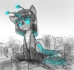 Size: 530x499 | Tagged: safe, artist:alloyrabbit, imported from derpibooru, oc, oc only, oc:orchid, kaiju pony, monster pony, building, city, cute, looking at you, macro, monster mare, partial color, sitting, sketch, solo