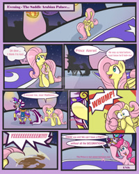 Size: 1024x1280 | Tagged: safe, artist:yoshimarsart, imported from derpibooru, fluttershy, pinkie pie, oc, oc:prince azeran, cardboard cutout, comic, saddle arabia, watermark