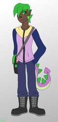 Size: 1053x2232 | Tagged: safe, artist:moonakart13, artist:moonaknight13, imported from derpibooru, spike, human, adult, adult spike, bag, clothes, dark skin, elf ears, freckles, gradient background, human spike, humanized, male, older, older spike, smiling, solo, tail, tailed humanization