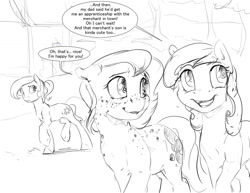 Size: 1280x989 | Tagged: safe, artist:silfoe, imported from derpibooru, princess celestia, princess luna, oc, earth pony, pony, royal sketchbook, dialogue, female, freckles, grayscale, lesbian, monochrome, sketch, trio, younger