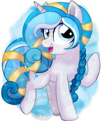 Size: 633x751 | Tagged: safe, artist:tambelon, imported from derpibooru, oc, oc only, oc:bubble lee, crystal pony, pony, unicorn, clothes, commission, crystallized, female, mare, open clothes, simple background, smiling, solo, transparent background, watermark