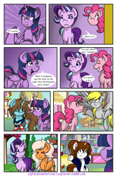 Size: 1024x1536 | Tagged: safe, artist:yogfan, imported from derpibooru, derpy hooves, pinkie pie, starlight glimmer, twilight sparkle, oc, oc:colored lines, oc:jasper, oc:shuji, alicorn, pony, comic:but i do now, comic, shrug, twilight sparkle (alicorn)