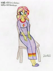 Size: 3611x4804 | Tagged: safe, artist:happyb0y95, artist:malleymall, imported from derpibooru, sunset shimmer, equestria girls, absurd resolution, chair, clothes, female, sitting, slippers, solo, traditional art