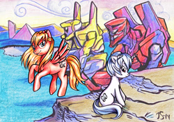 Size: 3325x2321 | Tagged: safe, artist:tohmo, imported from derpibooru, pony, eva-00, eva-02, mech, mecha, neon genesis evangelion, ponified, rei ayanami, souryuu asuka langley, traditional art