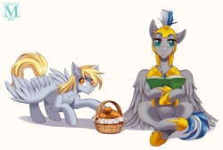 Size: 1332x900 | Tagged: safe, artist:margony, imported from derpibooru, derpy hooves, oc, oc:cloud zapper, pegasus, pony, armor, basket, book, commission, duo, food, male, muffin, reading, royal guard, smiling, sneaking, stallion