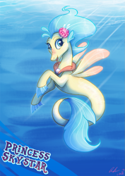 Size: 877x1241 | Tagged: safe, artist:c-puff, imported from derpibooru, princess skystar, seapony (g4), my little pony: the movie, blue mane, blue tail, crepuscular rays, cute, digital art, dorsal fin, female, fin, fin wings, fins, fish tail, flower, flower in hair, flowing mane, flowing tail, freckles, jewelry, looking at you, necklace, ocean, open mouth, open smile, pearl necklace, smiling, solo, sunlight, swimming, tail, underwater, water, wings