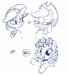 Size: 3561x4000 | Tagged: safe, artist:dilarus, deleted from derpibooru, imported from derpibooru, applejack, rarity, oc, oc:rosie, earth pony, pony, unicorn, apple, bedroom eyes, blushing, cowboy hat, cute, eyes on the prize, eyeshadow, female, filly, floppy ears, food, freckles, hat, lesbian, lidded eyes, looking at you, looking away, magical lesbian spawn, makeup, mare, math, monochrome, offspring, open mouth, parent:applejack, parent:rarity, parents:rarijack, pictogram, rarijack, shipping, shy, simple background, smiling, speech bubble, stetson, waving, white background