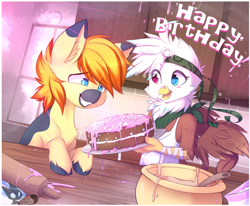 Size: 800x658 | Tagged: safe, artist:teranen, imported from derpibooru, oc, oc only, oc:charlene, oc:yaktan, earth pony, griffon, pony, apron, cake, clothes, colored pupils, commission, duo, eye clipping through hair, food, happy birthday, heterochromia, unshorn fetlocks