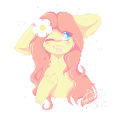 Size: 1024x910 | Tagged: safe, artist:bunnzee, imported from derpibooru, fluttershy, big ears, blushing, bust, cheek fluff, female, floppy ears, flower, flower in hair, fluffy, heart, hoof on chest, looking away, looking up, one eye closed, portrait, signature, simple background, smiling, solo, tongue out, transparent background, unshorn fetlocks, wink