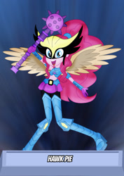 Size: 1600x2263 | Tagged: safe, artist:jucamovi1992, imported from derpibooru, pinkie pie, equestria girls, crossover, dc comics, female, hawkgirl, helmet, looking at you, mace, solo, weapon