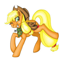 Size: 600x600 | Tagged: safe, artist:dreaminqheart, imported from derpibooru, applejack, female, hay stalk, one eye closed, pokémon, pokémon trainer, raised hoof, raised leg, saddle bag, simple background, solo, straw in mouth, white background, wink