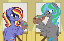 Size: 2048x1325 | Tagged: safe, artist:kindheart525, imported from derpibooru, oc, oc only, oc:feather fieldgoal, oc:paint swirl, pegasus, pony, kindverse, canvas, looking at each other, offspring, paint palette, paintbrush, parent:blossomforth, parent:rainbow dash, parent:soarin', parent:thunderlane, parents:blossomlane, parents:soarindash, story included