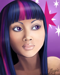 Size: 600x750 | Tagged: safe, artist:laurenmagpie, imported from derpibooru, twilight sparkle, human, female, humanized, moderate dark skin, solo, uncanny valley