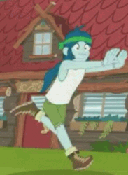 Size: 313x427 | Tagged: safe, edit, edited screencap, imported from derpibooru, screencap, captain planet, equestria girls, legend of everfree, animated, background human, boots, camp everfree outfits, clothes, gif, male, running, shorts, socks, solo