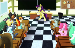 Size: 10200x6600 | Tagged: safe, artist:ghostlymuse, imported from derpibooru, marble pie, pinkie pie, oc, oc:candela, oc:mike robertson, oc:misty rainfall, oc:robin robertson, bat pony, earth pony, human, pegasus, pony, unicorn, absurd resolution, classroom, commission, school, smiling, story in the source, teacher, tongue out, transformation