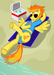 Size: 3024x4176 | Tagged: safe, artist:tacomytaco, imported from derpibooru, spitfire, pegasus, pony, absurd resolution, beach, belly button, chest fluff, clothes, cooler, drink, female, ice, midriff, relaxing, solo, spread wings, swimsuit, towel, wings