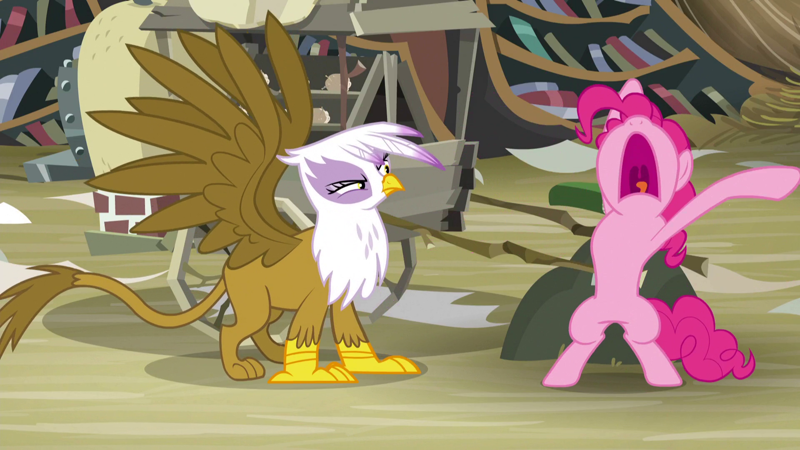 Safe Pinkie Pie Gilda Pony Screencap Bipedal Griffon Library Uvula The Lost Treasure Of Griffonstone Nose In The Air Volumetric Mouth Flailing Ponerpics