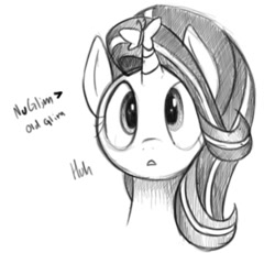 Size: 445x410 | Tagged: safe, anonymous artist, imported from derpibooru, starlight glimmer, butterfly, black and white, bust, female, grayscale, monochrome, open mouth, portrait, simple background, sketch, solo, white background, wide eyes