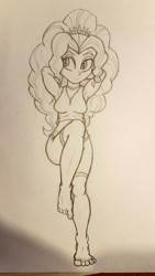Size: 567x1008 | Tagged: safe, artist:artponymdp, imported from derpibooru, adagio dazzle, equestria girls, arm behind head, armpits, barefoot, clothes, feet, female, monochrome, raised leg, shorts, sketch, solo, traditional art