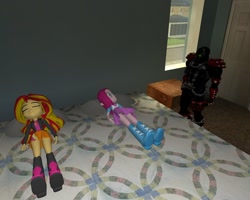 Size: 1280x1024 | Tagged: safe, artist:darkvenom666, imported from derpibooru, pinkie pie, sunset shimmer, equestria girls, 3d, bed, bedroom, boots, boyshorts, clothes, gmod, high heel boots, jacket, leather jacket, panties, pink underwear, skirt, underwear, upskirt
