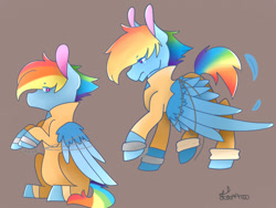 Size: 1600x1200 | Tagged: safe, artist:lamiatalfryn, imported from derpibooru, rainbow dash, beaten up, bound wings, clothes, crying, cuffs, prison outfit, prisoner rd, sad, shackles