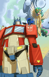 Size: 5176x8000 | Tagged: safe, artist:valcron, imported from derpibooru, princess celestia, princess luna, alicorn, pony, robot, absurd resolution, crossover, female, flying, leaning, mare, optimus prime, smiling, spread wings, transformers