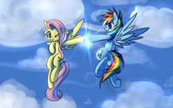 Size: 3200x2000 | Tagged: safe, artist:valcron, imported from derpibooru, fluttershy, rainbow dash, pegasus, pony, duo, female, floating, floppy ears, flying, hoofbump, looking at each other, mare, one eye closed, sky, smiling, spread wings, underhoof, wink