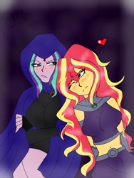 Size: 768x1024 | Tagged: safe, artist:brickercupmasterx3, imported from derpibooru, aria blaze, sunset shimmer, equestria girls, blushing, clothes, cosplay, costume, cuddling, dc comics, female, heart, lesbian, raven (dc comics), raven (teen titans), shipping, starfire, sunblaze, teen titans, tsundaria, tsundere