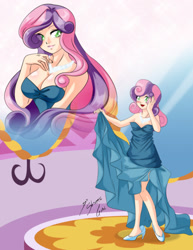 Size: 2152x2786 | Tagged: safe, artist:shinta-girl, imported from derpibooru, sweetie belle, human, breasts, busty sweetie belle, cleavage, clothes, daydream, dress, feet, female, humanized, jewelry, necklace, older, solo
