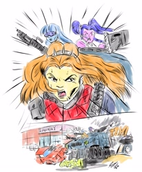 Size: 3328x4032 | Tagged: safe, artist:piojote, imported from derpibooru, adagio dazzle, aria blaze, sonata dusk, equestria girls, absurd resolution, comic, crossover, g.i. joe, gun, headset, machine gun, persuader tank, sweat, tank (vehicle), the dazzlings, weapon