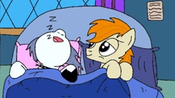 Size: 960x539 | Tagged: safe, artist:pizzamovies, imported from derpibooru, oc, oc only, oc:deathsong, oc:pizzamovies, pony, bed, bedroom, bedroom eyes, night, nose in the air, pillow, sleeping, snoring, solo, zzz
