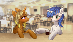 Size: 3500x2000 | Tagged: safe, artist:miioko, imported from derpibooru, oc, oc only, oc:aire, oc:shifting gear, pony, unicorn, blushing, drink, duo, female, green eyes, looking at each other, male, mare, request, requested art, stallion