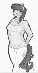 Size: 1776x3433 | Tagged: safe, artist:lupiarts, imported from derpibooru, octavia melody, anthro, arm behind back, backless, black and white, clothes, female, grayscale, looking at you, monochrome, open-back sweater, pants, signature, simple background, smiling, solo, sweater, traditional art