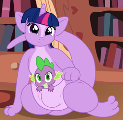 Size: 2764x2710 | Tagged: safe, alternate version, artist:badumsquish, derpibooru exclusive, imported from derpibooru, spike, twilight sparkle, kangaroo, kangaroonicorn, book, chubby, cute, female, looking at you, mama twilight, pouch, sitting, smiling, solo, species swap, sultry pose