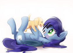 Size: 2250x1650 | Tagged: safe, artist:bugplayer, imported from derpibooru, oc, oc only, oc:blue bat, bat pony, dog, pony, blushing, commission, cute, duo, female, looking at each other, lying down, mare, ocbetes, on back, open mouth, puppy, simple background, smiling, solo, tongue out, white background