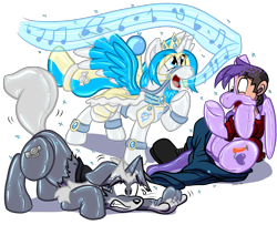 Size: 3500x2836 | Tagged: safe, artist:virmir, imported from derpibooru, oc, oc only, oc:princess toytime, oc:radioactive toast, oc:sweetsqueaks, oc:trask, oc:virmare, oc:virmir, alicorn, human, inflatable pony, latex pony, original species, pony, alicorn oc, anthro to pony, furry, furry to pony, heterochromia, human to pony, inanimate tf, inflatable, latex, simple background, singing, species swap, transformation, transparent background