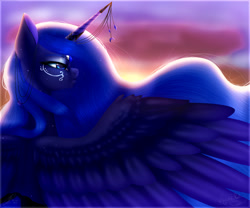 Size: 2400x2000 | Tagged: safe, artist:minelvi, artist:rubyflank, imported from derpibooru, princess luna, alicorn, pony, collaboration, female, horn jewelry, jewelry, mare, open collaboration, solo, spread wings