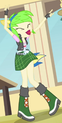 Size: 240x473 | Tagged: safe, imported from derpibooru, screencap, cherry crash, sweet leaf, equestria girls, equestria girls (movie), boots, clothes, cropped, devil horn (gesture), fingerless gloves, gloves, helping twilight win the crown, high heel boots, open mouth, pony ears